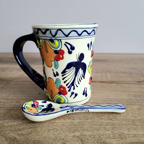 Mexican hand painted mug with spoon. - Picture 4 of 7